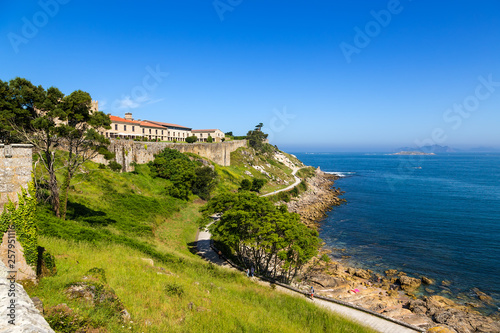 Baiona  Spain. Scenic view of the fortress of Monterreal on the ocean. The fortress is included in the list of the most picturesque historical buildings of UNESCO