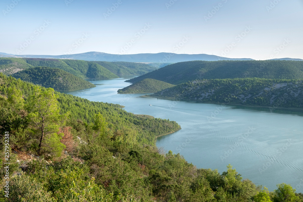 Amazing aerial view of Krka river and Visovac Lake at sunset time. Krka National Park, Croatia Amazing aerial view of Krka river and Visovac Lake at sunset time. Krka National Park, Croatia