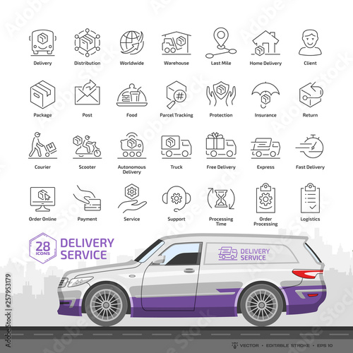 Delivery service editable stroke outline icon set with fast express package shipping, quick courier, cargo truck and van speed transport and online order line symbols.