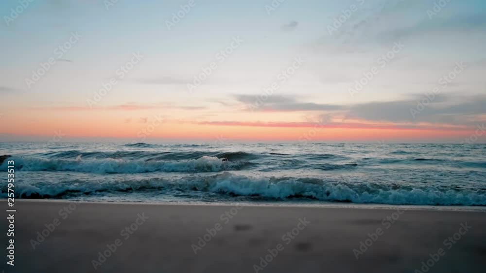 4K Slow Motion Wide Shot of Seascape: Beautiful Vanilla Sunset over Sea Waves and Beach in Summer