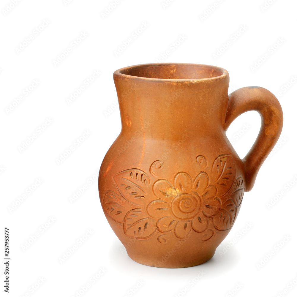 Beautiful clay jug isolated on white background.