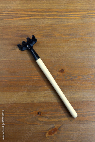 Rake for garden work with wooden handle on wooden background