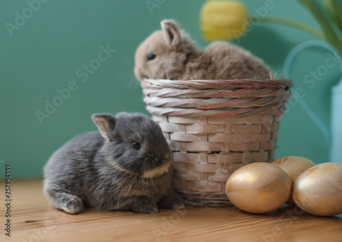 Easter still life with little rabbits in a basket.
