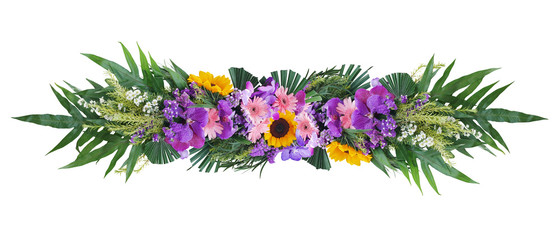 Tropical green foliage plant leaves with colorful flowers floral arrangement nature bush backdrop isolated on white background, clipping path included.