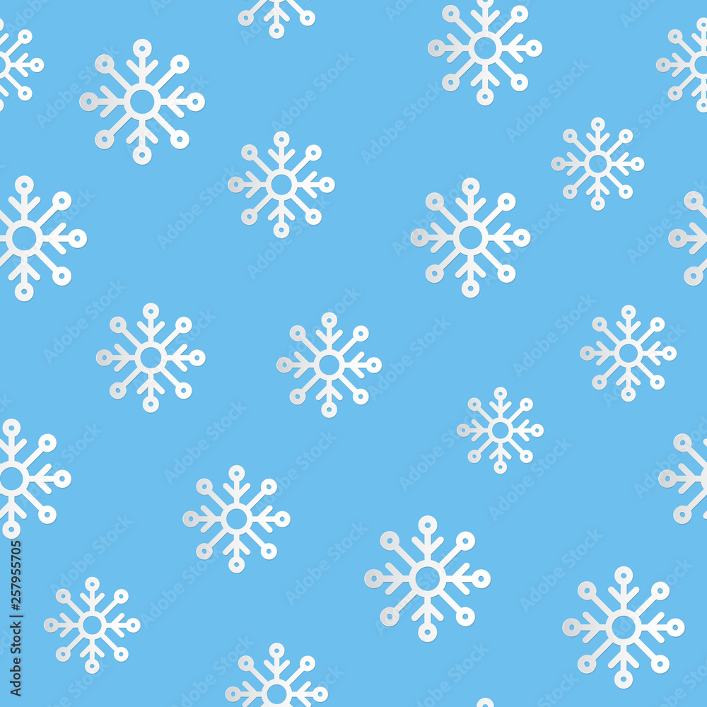 Craft Snowflake seamless pattern. Layered Christmas card with volum paper cut snowflakes. Xmas and New Year tag on blue frame.