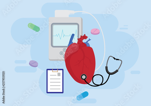 Heart tests or Cardiology diagnostics concept.Vector design with human heart, holter monitor, stethoscope and pills on blue backround. photo
