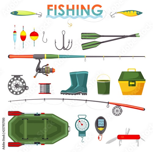 Set of isolated fishing items or equipment, rod