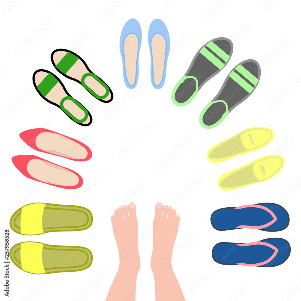 Set of women's shoes. View top. Open and closed summer shoes Set of women's shoes. View top. Open and closed summer shoes