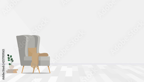 Gray armchair with books and a vase on the background of the wall. Vector flat illustration.