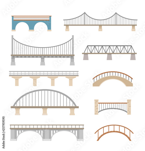 Fototapeta Naklejka Na Ścianę i Meble -  Set of different bridges. Isolated on white background. Flat style, vector illustration.  