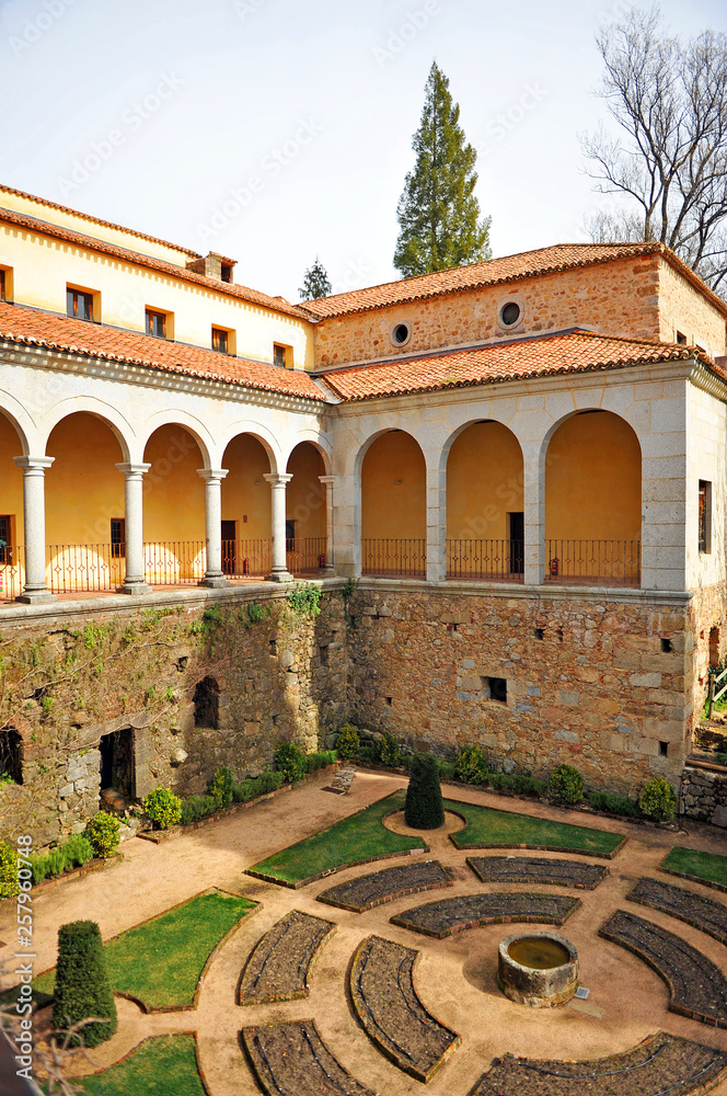 Gallery and gardens of the Monastery of Yuste where the Spanish emperor Charles V retired in 1556, province of Caceres, Extremadura.
