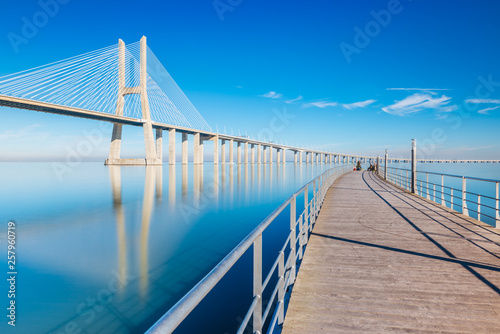 Vasco da Gama Bridge viewed from a pier on The Tejo River, Lisbon, Portugal