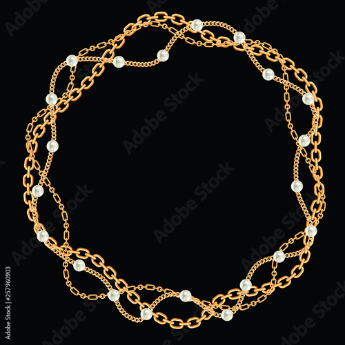 Round frame made with twisted golden chains. With pearls. On black. Vector illustration