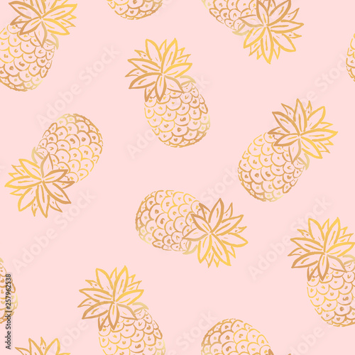 Summer golden pineapples seamless pattern. Tropical decorative fruit icons. Hand draw paint ananases on rose background. Vector Illustration