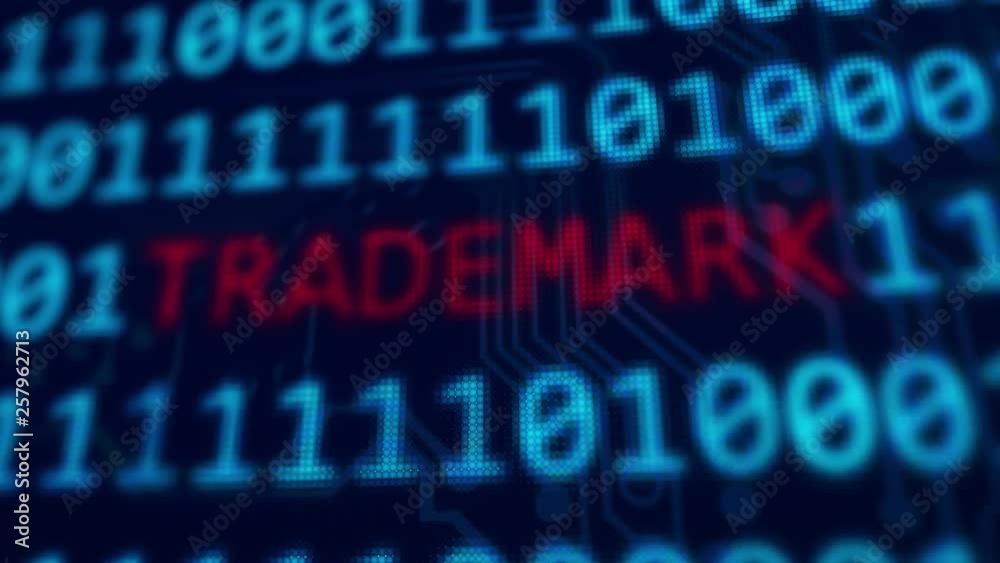 Trademark word text between random binary data in 4k animation 3d rendered with depth of field Trademark word text between random binary data in 4k animation 3d rendered with depth of field