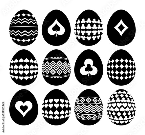 Gambling and geometric symbols on Easter eggs. Silhouettes of black Easter eggs isolated on white background. Template, Print design, sticker, scrap booking, stamp, vector illustration