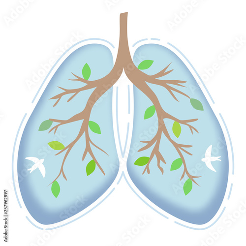 World Tuberculosis Day. World Pneumonia Day. Human lungs. Medical flat illustration. Health care. Tree branches like the lungs. Branches with leaves. Sky with clouds and birds