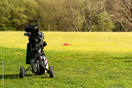 hole in green of golf course with red  flag 