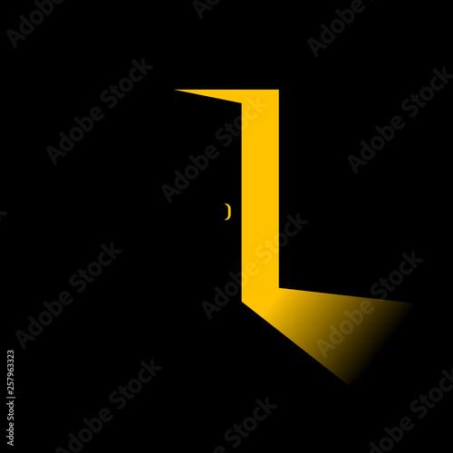 Open door with yellow light going through it. Dark room. Light in a room through the open door. Exit. Coming out. The open door out of the darkness to the light. Abstract mystical shining exit