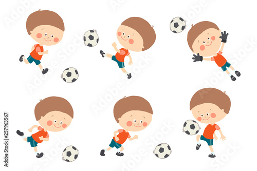 Soccer kid set. Cute caucasian boy playing football in red and blue sport uniform. Goalkeeper catching a soccer ball. Cartoon vector eps 10 illustration on white background. Flat colors.