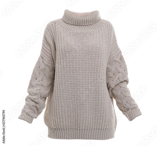 Stylish warm female sweater on white background photo