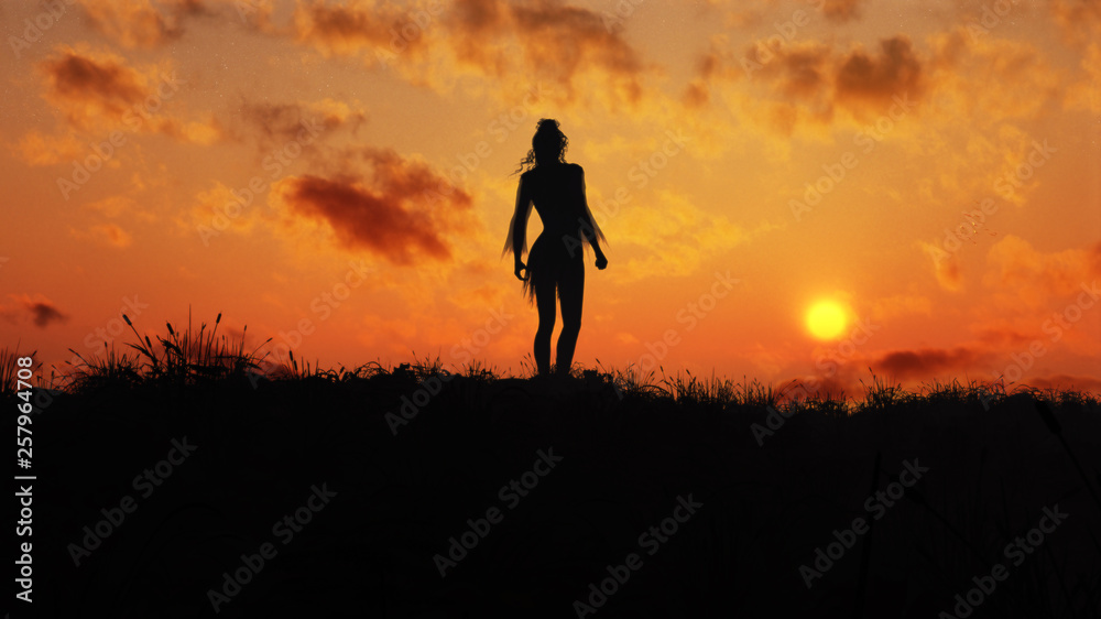 silhouette of a woman in epic sunset on top of a hill