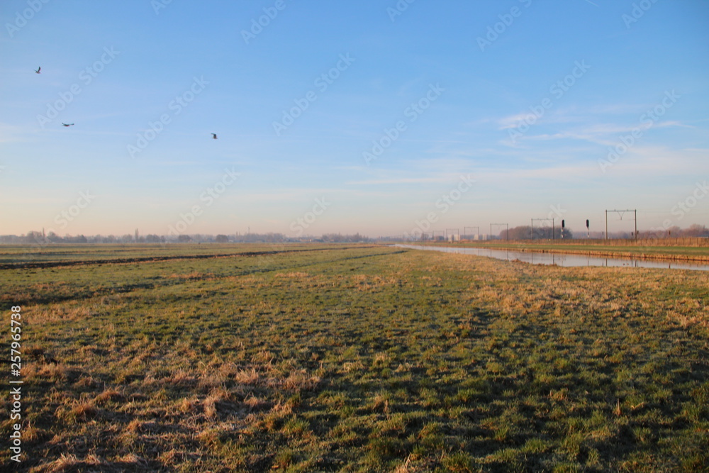Fields in the cold in the lowest area of the Netherlands named the Zuidplaspolder in Moordrecht close to Gouda