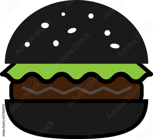 Colored icon of black burger with lettuce and cutlet