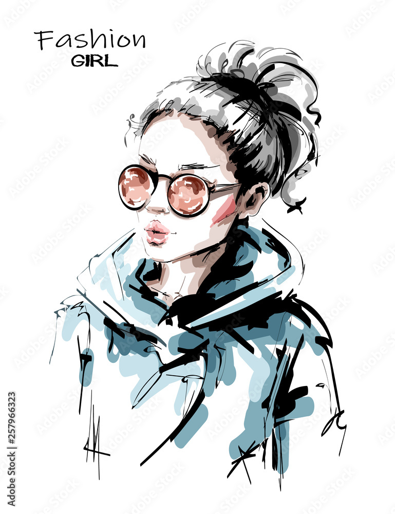 Hand drawn beautiful young woman in sunglasses. Stylish blonde hair girl.  Fashion woman look. Female character with ponytail. Sketch. Vector  illustration. Stock Vector | Adobe Stock