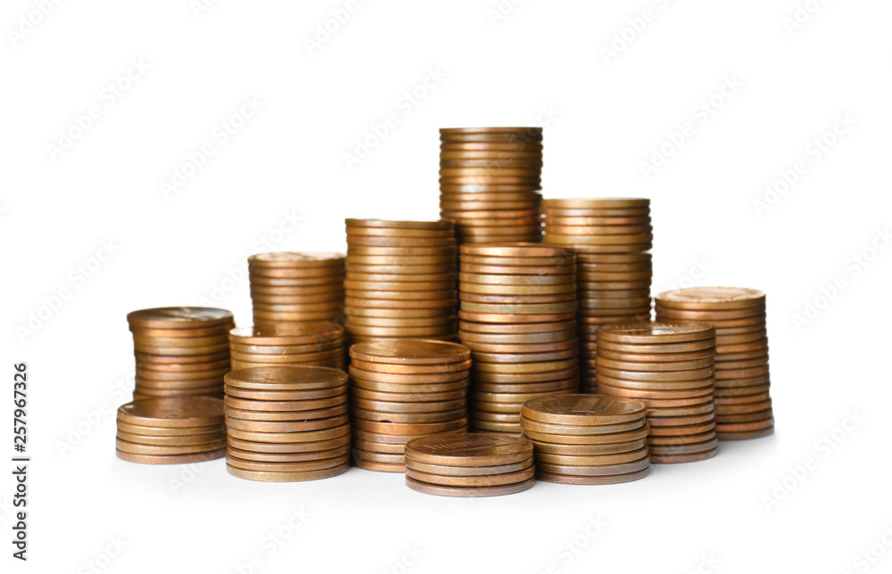 Stacks of US coins isolated on white Stacks of US coins isolated on white