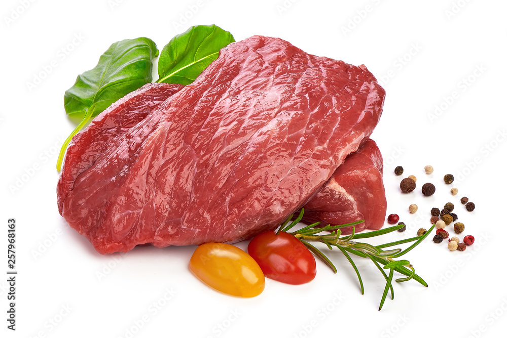 Raw beef steak with rosemary, sliced fresh meat, close-up, isolated on white background. Raw beef steak with rosemary, sliced fresh meat, close-up, isolated on white background.