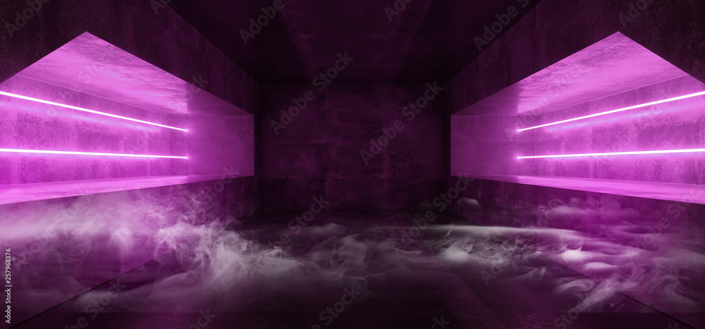 Smoke Futuristic Sci Fi Neon Fluorescent Vibrant Virtual Reality Purple Violet Glowing Grunge Concrete Dark Empty Tunnel Underground Garage Spaceship Reflections 3D Rendering