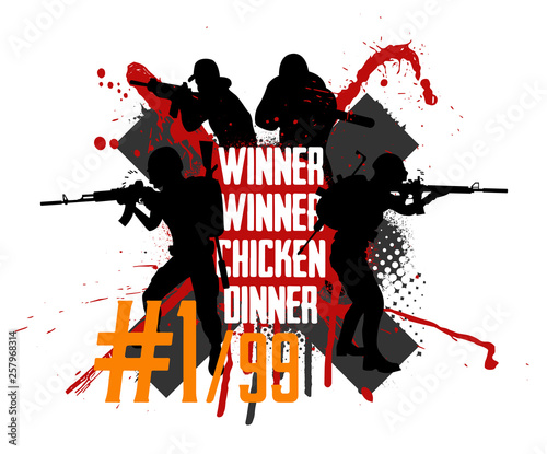 Pubg concept. Squad militarys. Playerunknown’s battlegrounds. battle royale game Pubg, Fortnite. Slogan - Winner winner chicken dinner. Vector illustration grunge style
