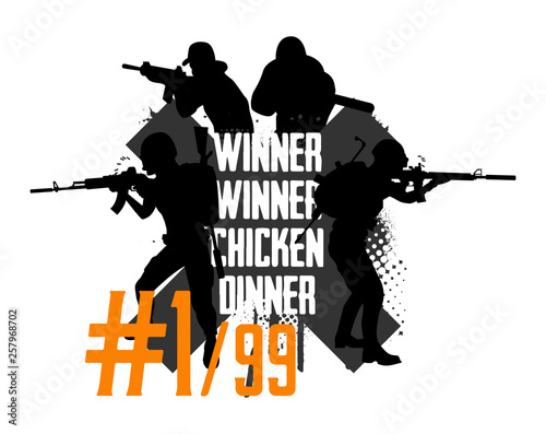 Pubg concept. Squad militarys. Playerunknown’s battlegrounds. battle royale game Pubg, Fortnite. Slogan - Winner winner chicken dinner. Vector illustration grunge style