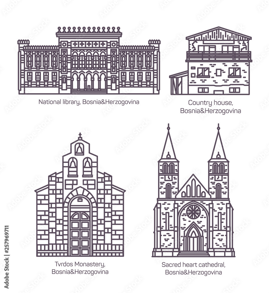 Set of Bosnia-Herzegovina buildings in thin line
