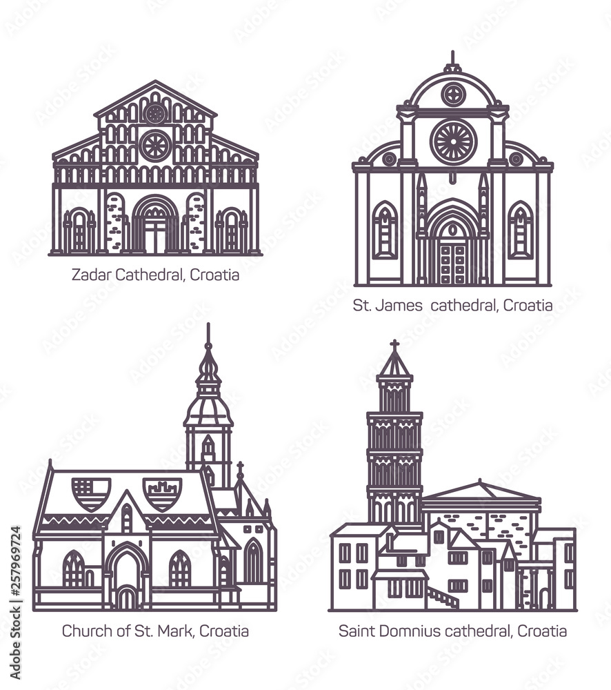Croatian or Croatia religion buildings, thin line