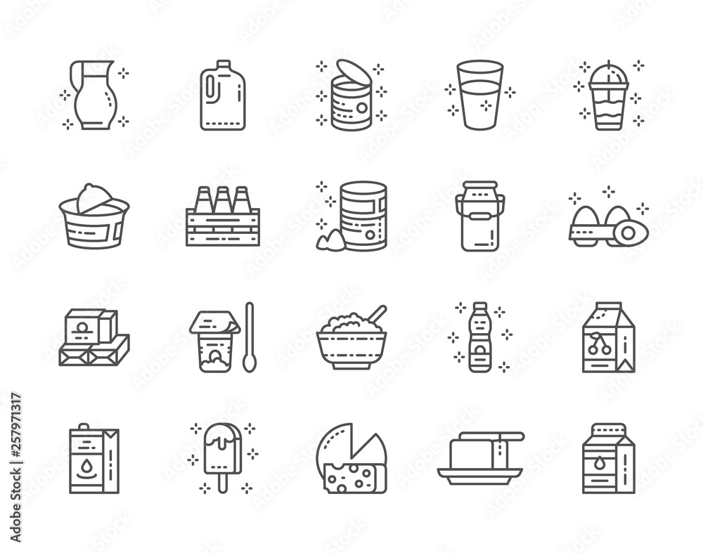 Set of Dairy Products Line Icons. Milk, Cream, Kefir, Yogurt, Milkshake and more Set of Dairy Products Line Icons. Milk, Cream, Kefir, Yogurt, Milkshake and more