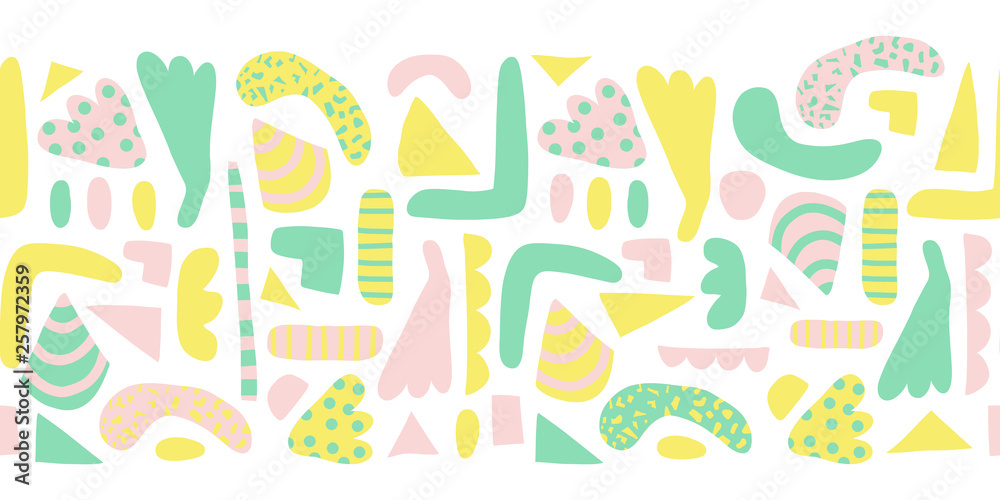 Seamless horizontal border modern abstract shapes vector. Pattern of simple elements green, yellow, pink background. Scandinavian style. Modern happy kids print for girl decor, fabric, banner, Easter