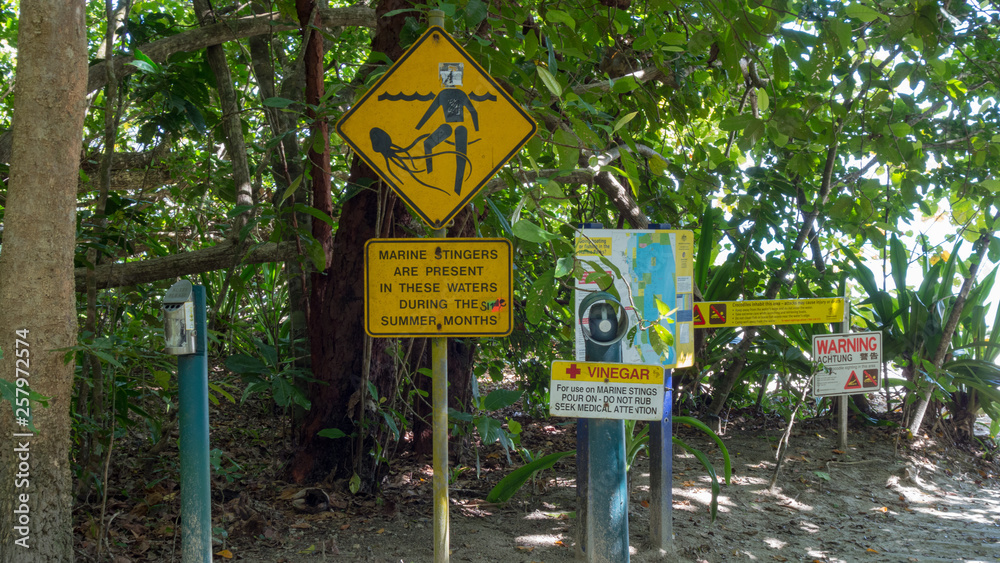 Warnschilder wegen Quallen und Krokodilen am Strand von Cape Tribulation in Queensland Australien Warnschilder wegen Quallen und Krokodilen am Strand von Cape Tribulation in Queensland Australien