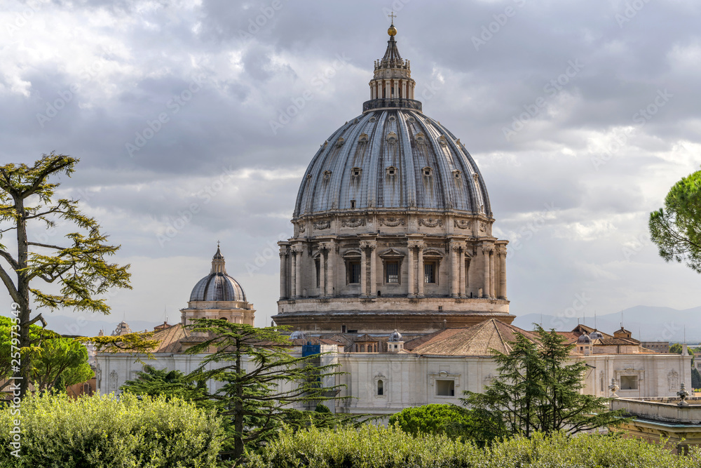 Obraz premium St. Peter's Basilica - A closeup view of the dome of St. Peter's Basilica, as seen from a hilltop in Vatican Gardens, on a cloudy October morning. Vatican City, Rome, Italy. 