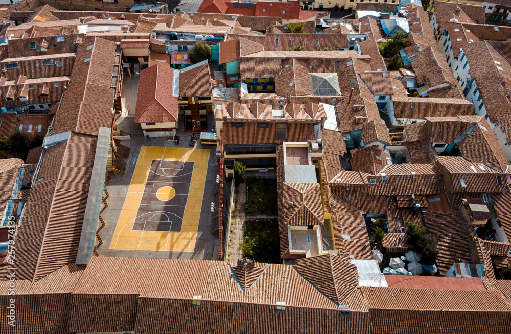 aerial of a basketball court in Cuzco Peru aerial of a basketball court in Cuzco Peru