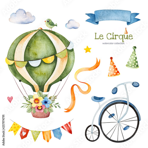 Lovely circus set.Illustration with colorful air ballon,bike,clouds,garland,ribbon banner,bouquet and more.Perfect for wedding,invitations,blogs,template card,Birthday and baby cards,patterns,quotes.