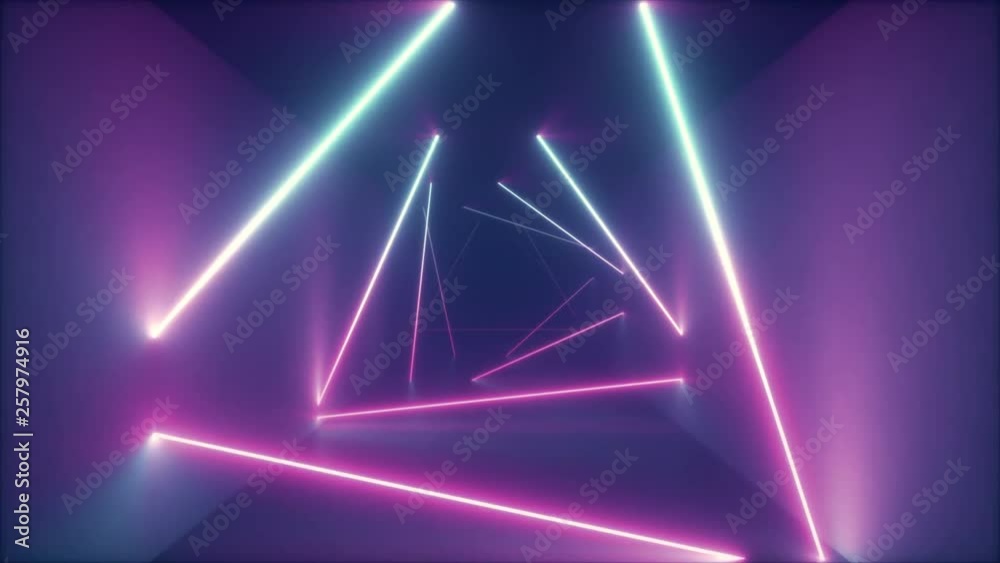 Abstract flying in futuristic corridor with triangles, seamless loop 4k background, fluorescent ultraviolet light, colorful laser neon lines, geometric endless tunnel, blue pink spectrum, 3d render