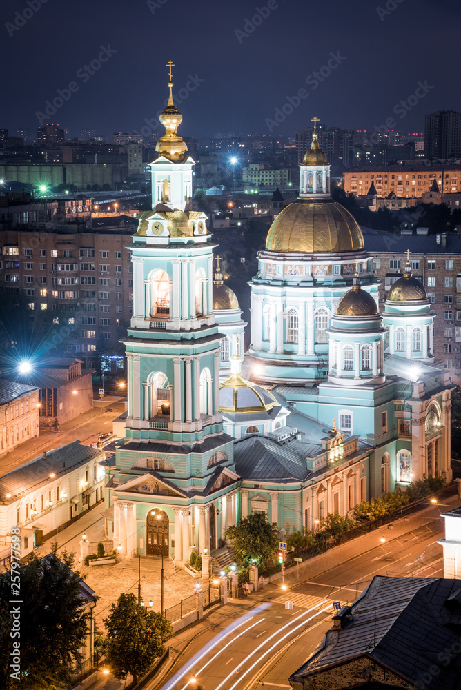 Moscow, Russia - July 20, 2018: Epiphany Cathedral at Yelokhovo, is the vicarial church of the Moscow Patriarchs Moscow, Russia - July 20, 2018: Epiphany Cathedral at Yelokhovo, is the vicarial church of the Moscow Patriarchs