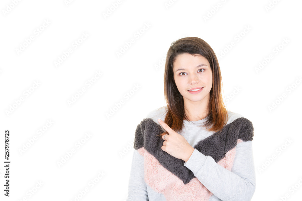happy young woman presenting and pointing on white background happy young woman presenting and pointing on white background