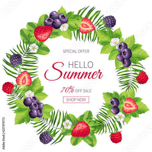 Sale banner, poster with palm leaves, jungle leaf and berries. Yummy summer wreath for card, invitations, sales. Vector illustration EPS10