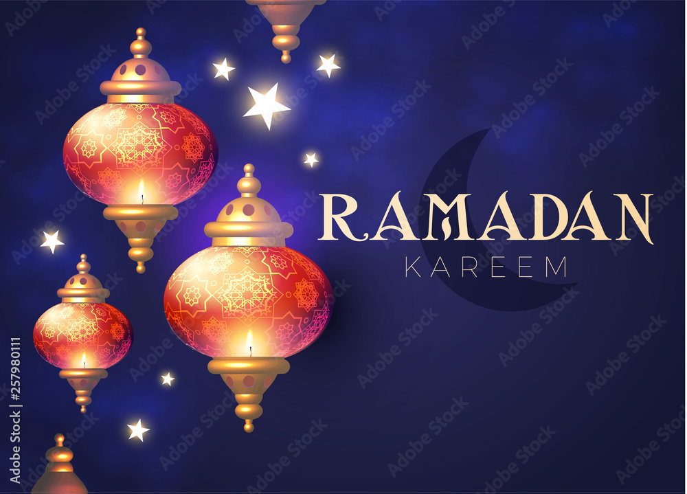 Ramadan Kareem Greeting. Islamic Holiday Design Template. Oriental Lantern with Light. Ramadan Kareem Greeting. Islamic Holiday Design Template. Oriental Lantern with Light.