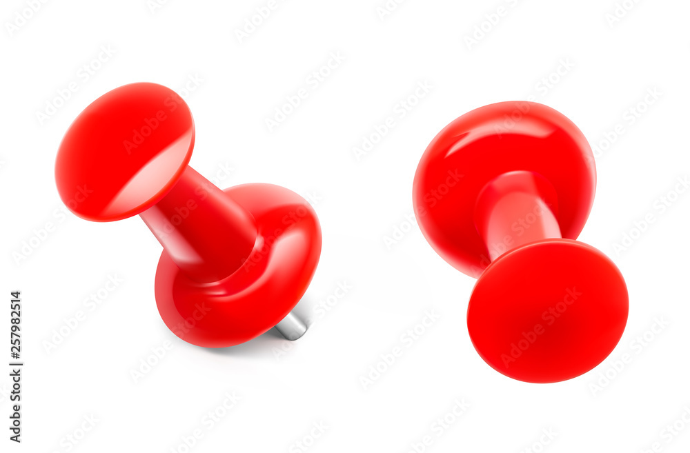 Set of red push pins. Different view. Thumbtacks ready for your design. Vector illustration isolated on white background. EPS10.