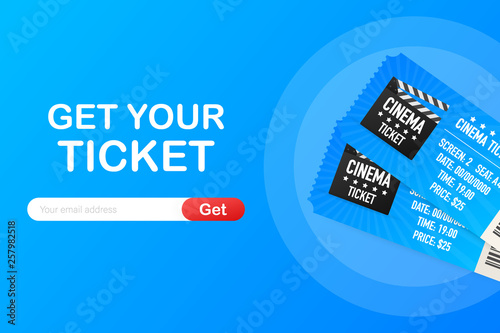 Get your ticket online. Cinema movie ticket online order concept. Vector illustration