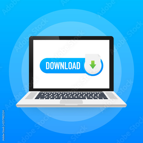 Laptop and download file icon. Document downloading concept. Trendy flat design graphic with long shadow. Vector illustration.